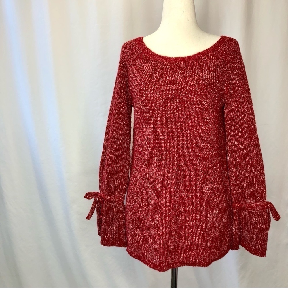 Moth (Anthropologie) tie sleeve sweater cranberry red gold metallic thread S